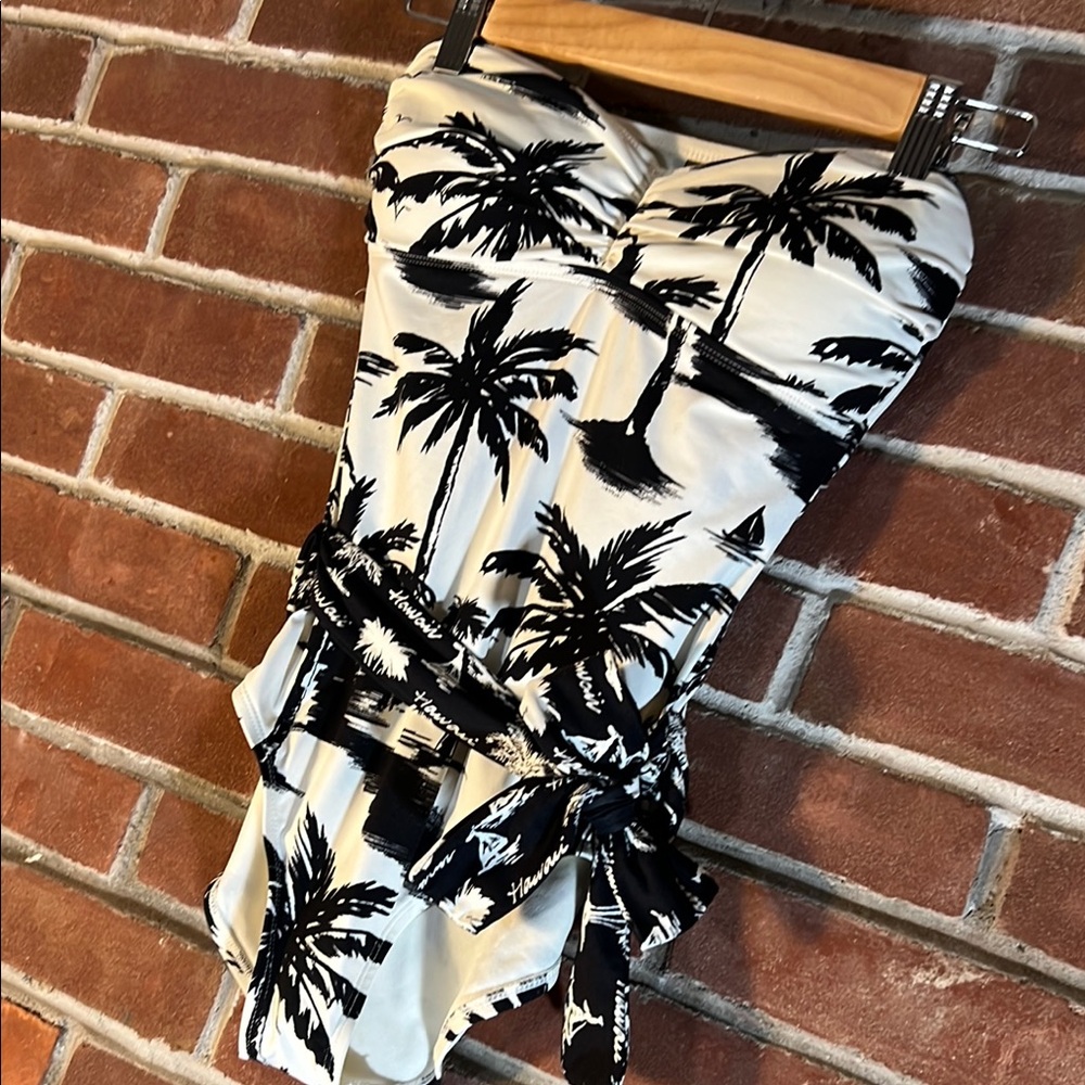 Tommy Bahama Black & White Palm-Print Strapless One-Piece
